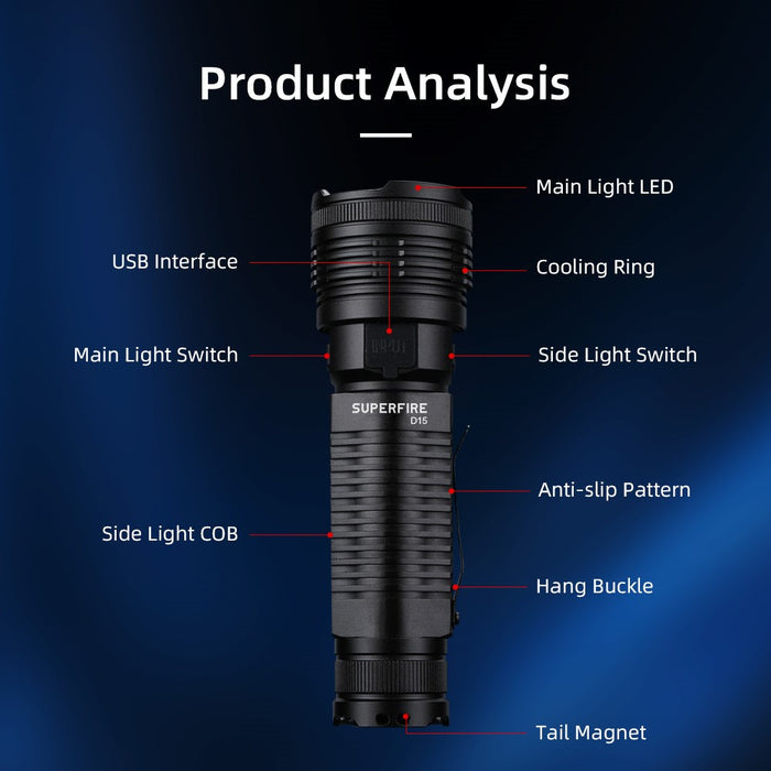 Supfire - Lampe torche LED 2000lm blanc froid 6000K, rechargeable