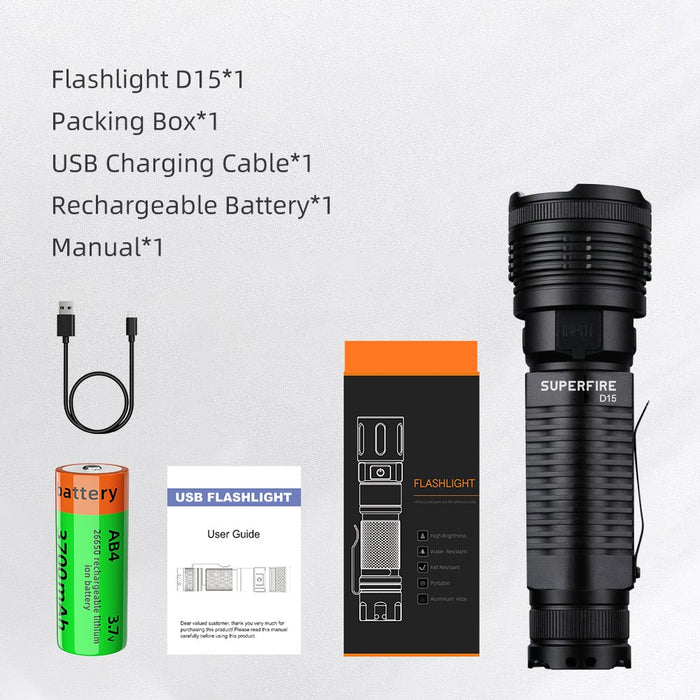 Supfire - Lampe torche LED 2000lm blanc froid 6000K, rechargeable