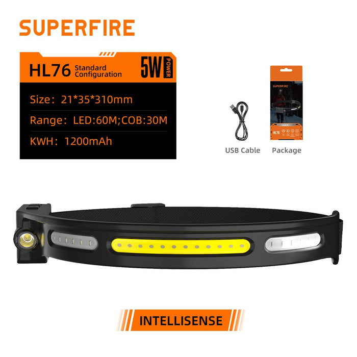 Supfire - Lampe frontale COB 400lm blanc froid 6000K, rechargeable