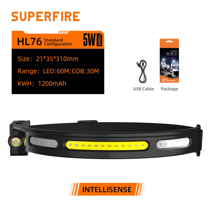 Supfire - Lampe frontale COB 400lm blanc froid 6000K, rechargeable