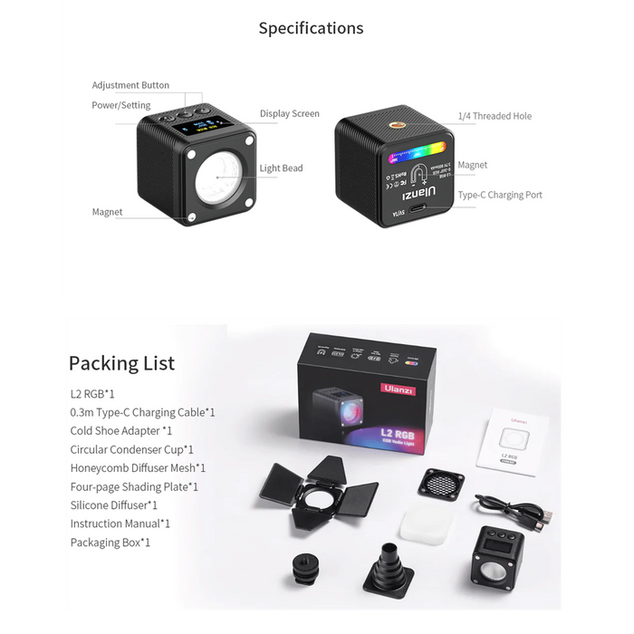 Ulanzi L2RGB - Projecteur LED multicolore rechargeable, magnétique