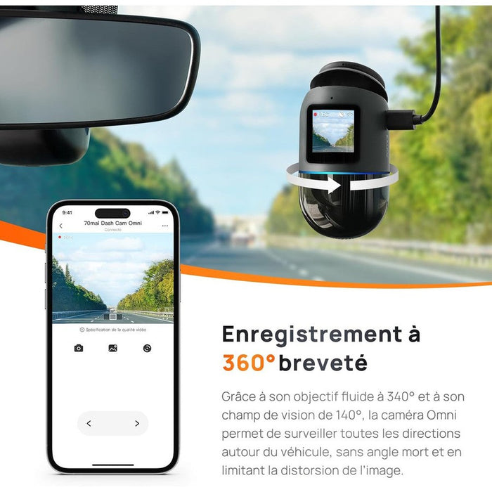 70mai - Caméra embarquée rotative 360°, mode stationnement 24h/24, détection de mouvement, vision nocturne