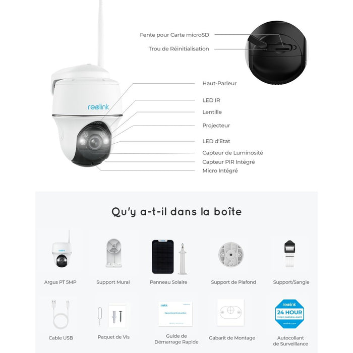 Reolink Argus PT 2024 - Caméra solaire Wifi 5MP 360° avec carte SD Kingston 32Go inclus - Détection intelligente - Projecteur LED