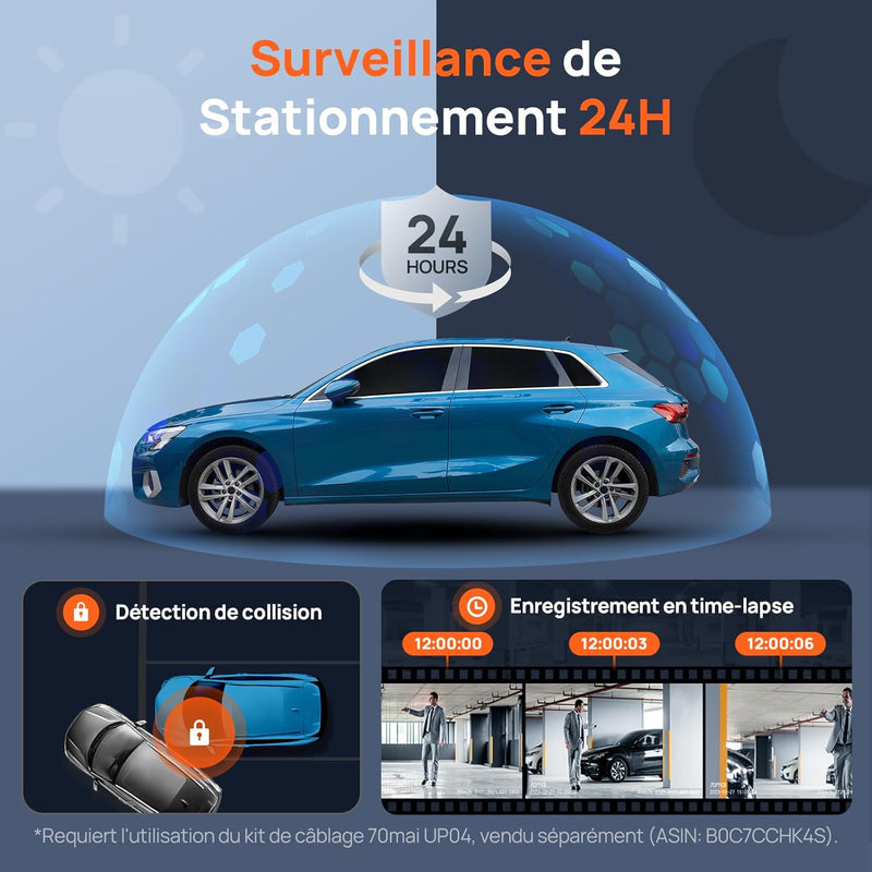 70mai Omni X800-2 - Caméra embarquée rotative 360° + Caméra arrière, mode stationnement 24h/24, détection de mouvement, vision nocturne