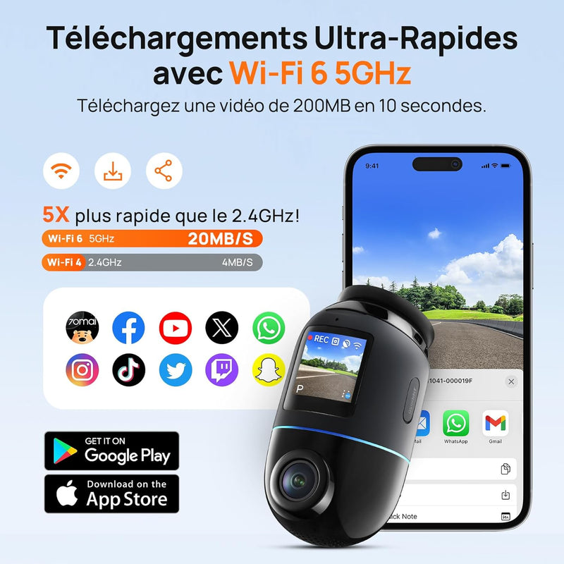 70mai Omni X800-2 - Caméra embarquée rotative 360° + Caméra arrière, mode stationnement 24h/24, détection de mouvement, vision nocturne