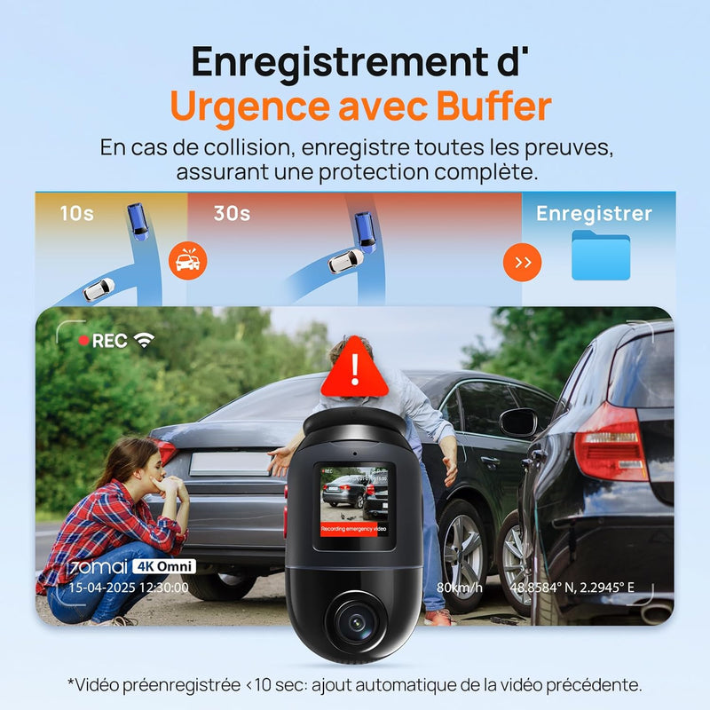 70mai Omni X800-2 - Caméra embarquée rotative 360° + Caméra arrière, mode stationnement 24h/24, détection de mouvement, vision nocturne