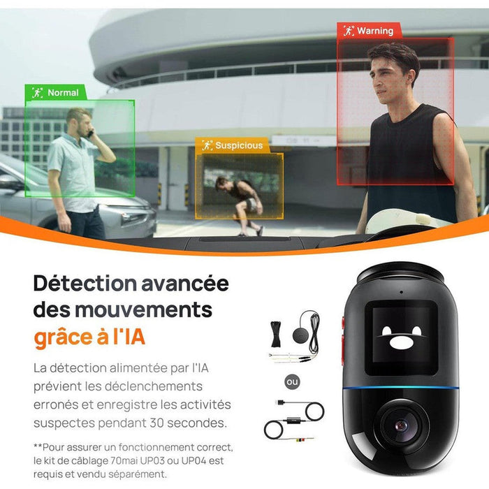 70mai - Caméra embarquée rotative 360°, mode stationnement 24h/24, détection de mouvement, vision nocturne