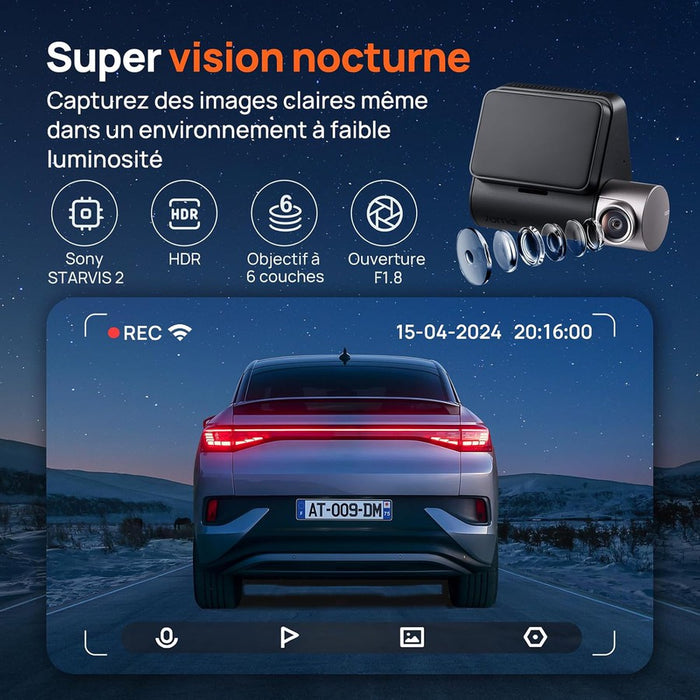 70mai - Caméra embarquée double avant/arrière, mode stationnement 24h/24, détection de mouvement, vision nocturne