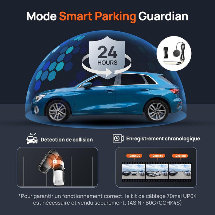 70mai - Caméra embarquée double avant/arrière, mode stationnement 24h/24, détection de mouvement, vision nocturne