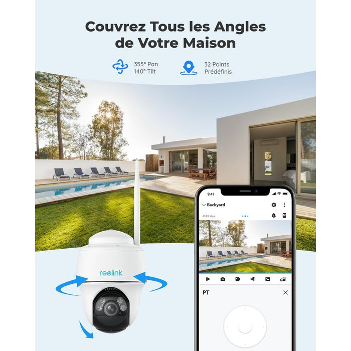 Reolink Argus PT 2024 - Caméra solaire Wifi 5MP 360° avec carte SD Kingston 32Go inclus - Détection intelligente - Projecteur LED