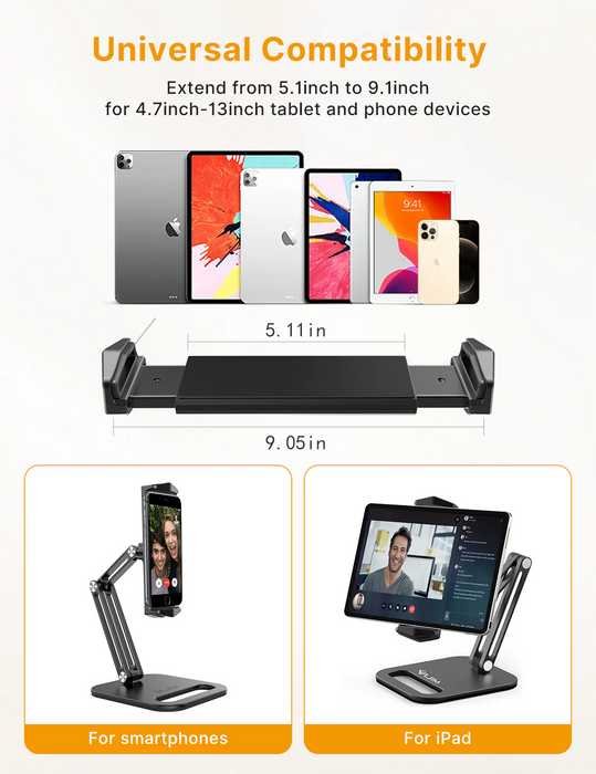 Vijim - Support Tablette et Téléphone en aluminium avec base lestée, réglable à 360° et pliable