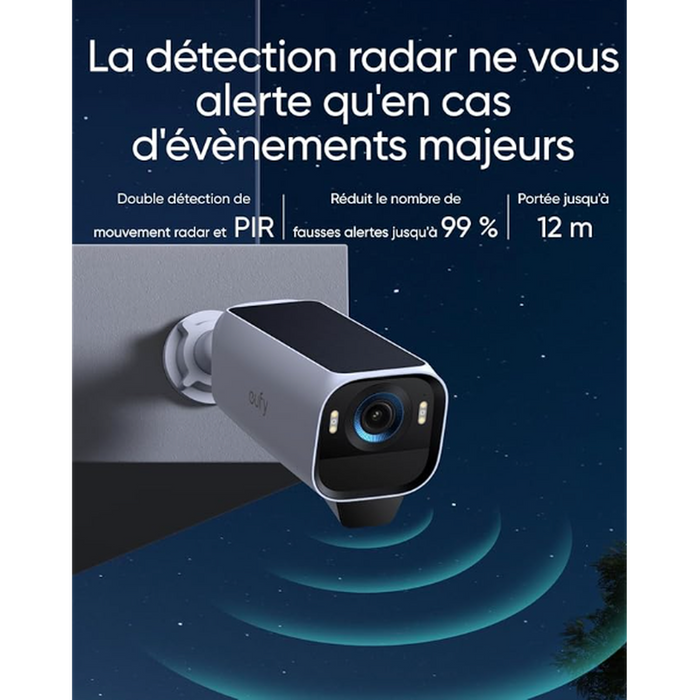 Eufy S3 Pro- Caméra solaire Wifi 4K, Vision nocturne MaxColor, Reconnaissance faciale, HomeBase 3 requis