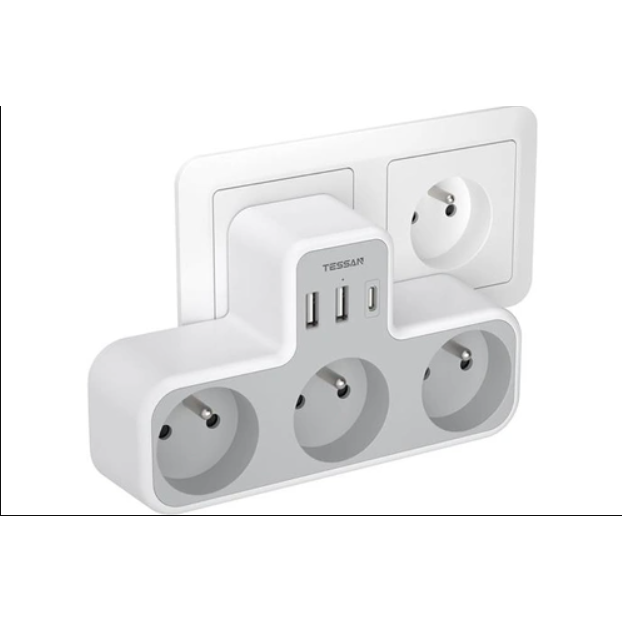 Tessan-Multiprise mural 3 prises 3 USB