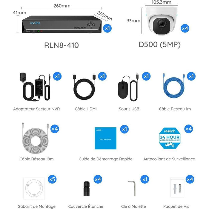 Pack Reolink - Enregistreur NVR 2To + 4 caméras RLC-520A 5MP