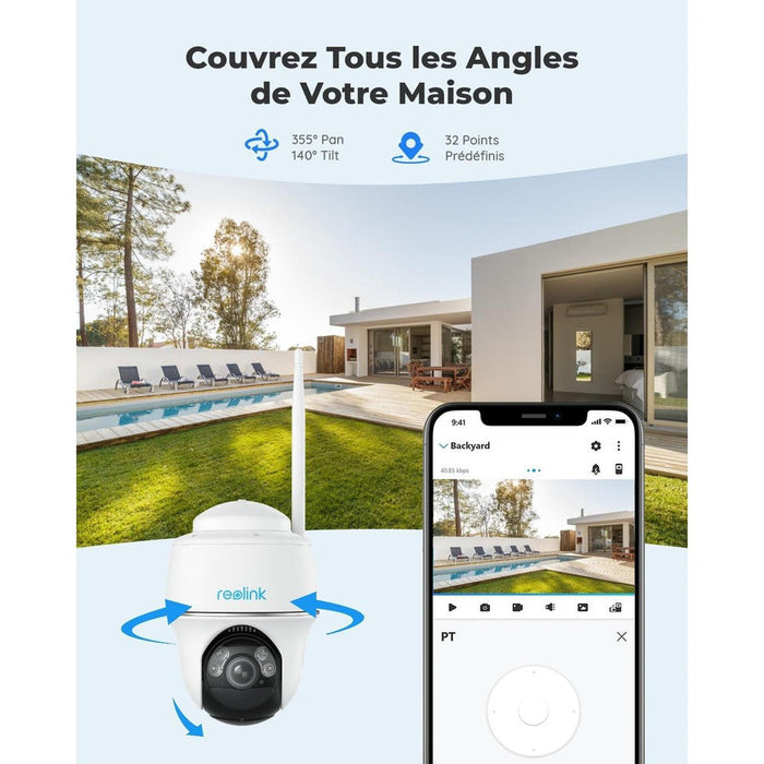 Reolink Argus PT 2024 - Caméra solaire Wifi 5MP 360° avec carte SD Kingston 32Go inclus - Détection intelligente - Projecteur LED