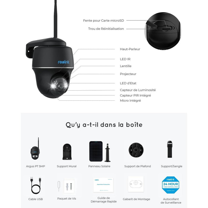 Reolink Argus PT 2024 Noir - Caméra solaire Wifi 5MP 360° avec carte SD Kingston 32Go inclus - Détection intelligente - Projecteur LED