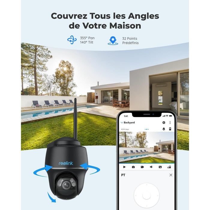 Reolink Argus PT 2024 Noir - Caméra solaire Wifi 5MP 360° avec carte SD Kingston 32Go inclus - Détection intelligente - Projecteur LED