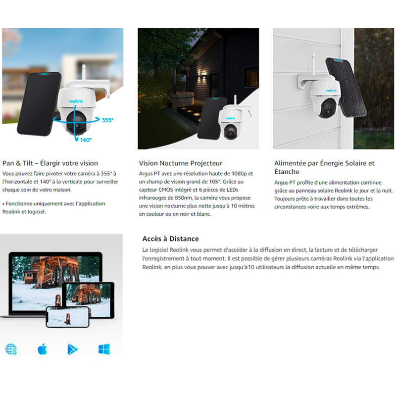 Reolink Argus PT Lite - Caméra solaire Wifi 3MP 360° - Détection intelligente
