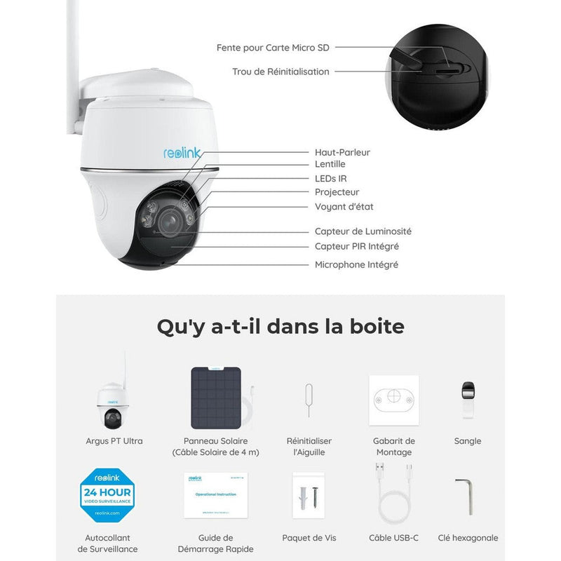 Reolink Argus PT Ultra - Caméra solaire Wifi 4K 8MP 360° - Vision Nocturne Couleur