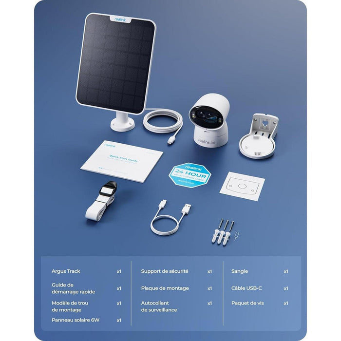 Reolink Argus Track - Caméra solaire Wifi 4K 8MP avec carte SD Kingston 64Go inclus, double objectif 360° - Suivi de mouvement et zoom automatique