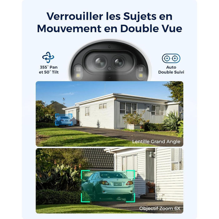 Reolink Argus Track - Caméra solaire Wifi 4K 8MP avec carte SD Kingston 64Go inclus, double objectif 360° - Suivi de mouvement et zoom automatique