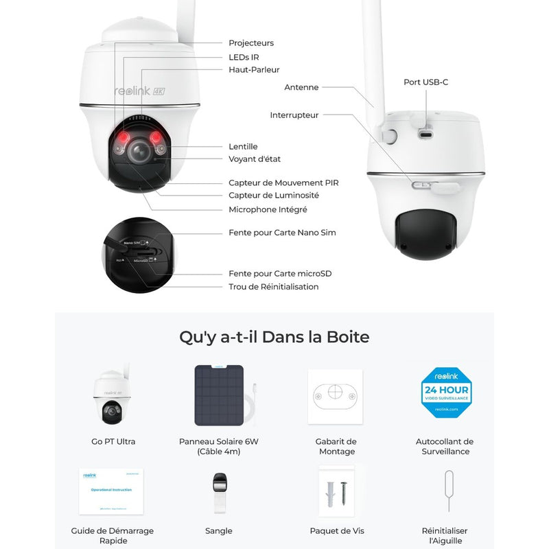 Reolink Go PT Ultra - Caméra solaire 4G autonome 8MP 360° - Détection intelligente