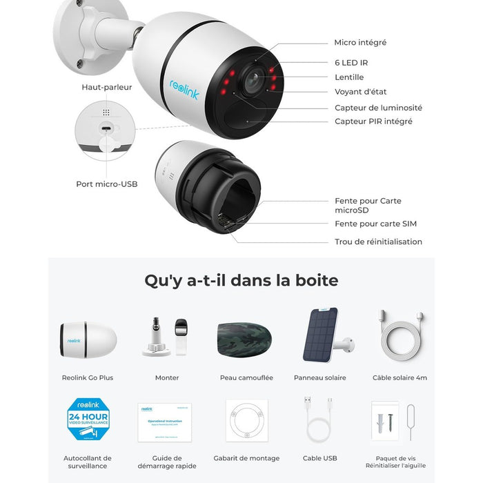 Reolink Go Plus - Caméra solaire 4G autonome 4MP avec carte SD 32Go inclus - Détection intelligente