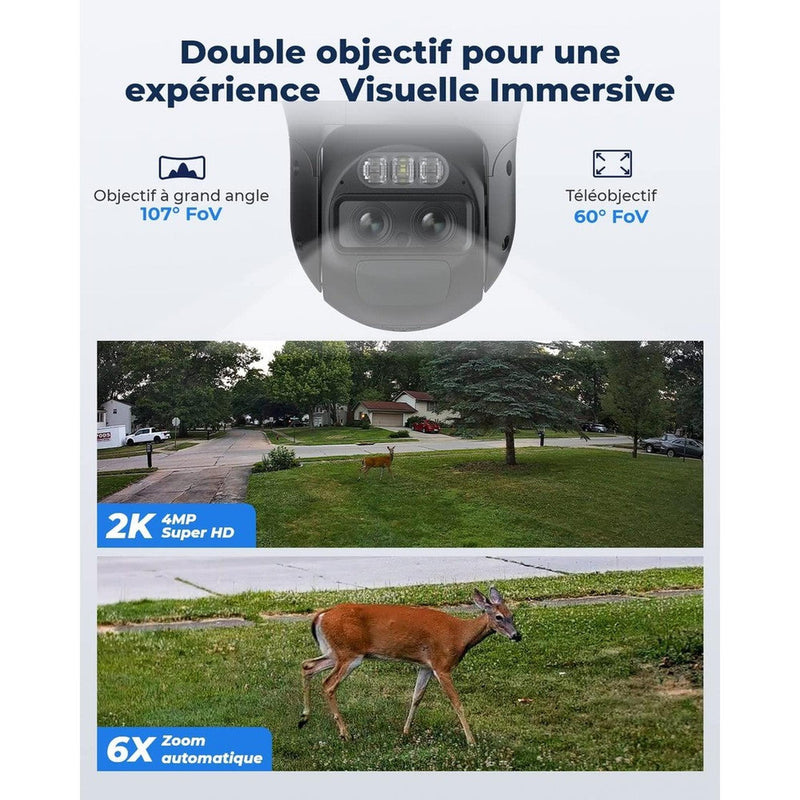 Reolink TrackMix - Caméra solaire Wifi 2K 4MP, double objectif 360° - Suivi de mouvement et zoom automatique