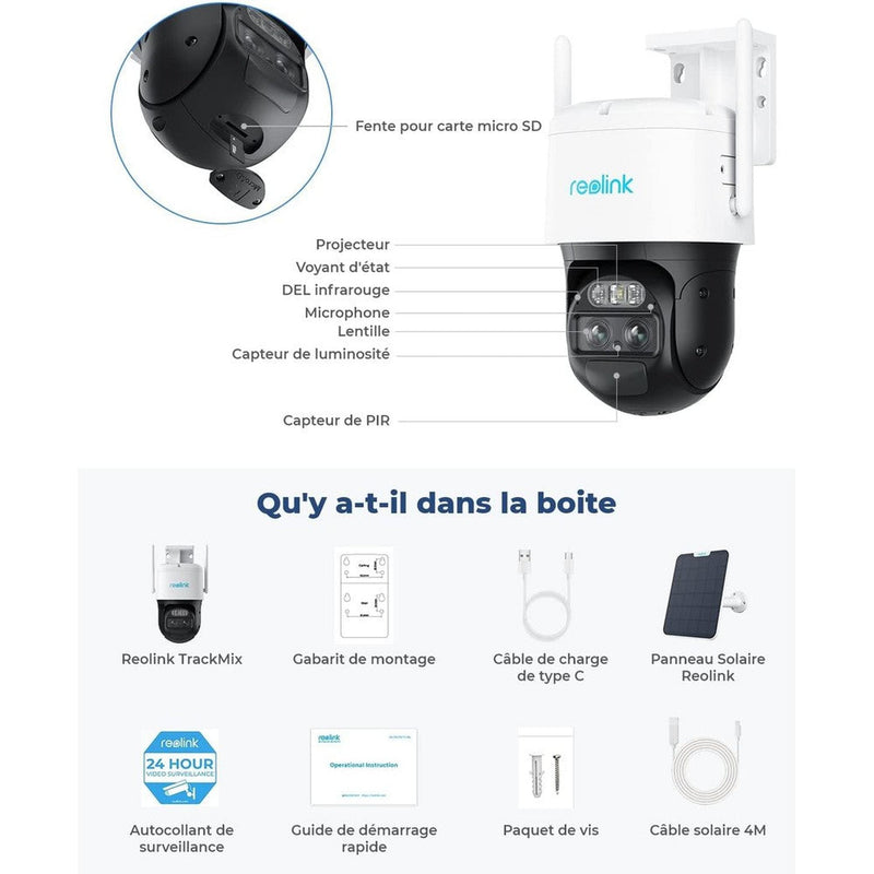 Reolink TrackMix - Caméra solaire Wifi 2K 4MP, double objectif 360° - Suivi de mouvement et zoom automatique