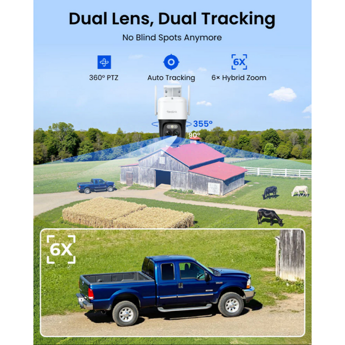 Reolink TrackMix LTE Plus 2 - Caméra solaire 4G 2K 8MP - Enregistrement 24/7 - Double objectif 360° - Suivi de mouvement et zoom automatique-Tektek