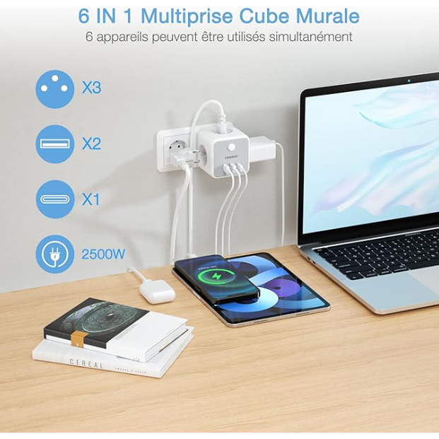 Tessan-Multiprise Cube avec 3 prises + 3 USB