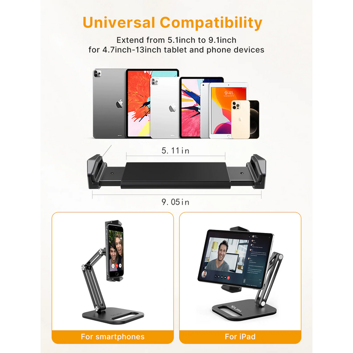 Vijim - Support Tablette et Téléphone en aluminium avec base lestée, réglable à 360° et pliable