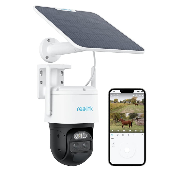 Reolink TrackMix LTE - Caméra solaire 4G 2K 4MP avec carte SD Kingston 64Go inclus, double objectif 360° - Suivi de mouvement et zoom automatique