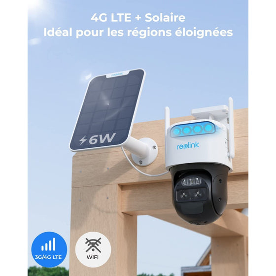 Reolink TrackMix LTE - Caméra solaire 4G 2K 4MP avec carte SD Kingston 64Go inclus, double objectif 360° - Suivi de mouvement et zoom automatique