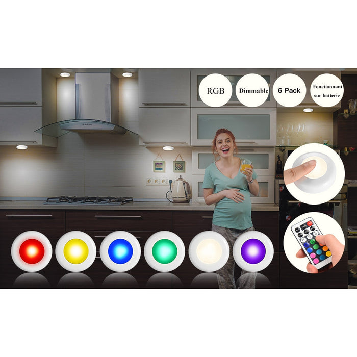 LEDGLE 18W Éclairage Sous Meuble Cuisine Spot LED Lampe de Placard Sans Fil avec Télécommande, Etanche IP44, Lot de 6
