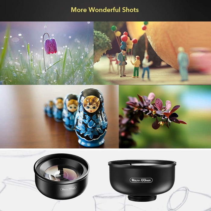 APEXEL APL-HB100mm Objectif Macro Universel pour Smartphone 4K HD Objectif de caméra pour téléphone sans Distorsion Arrière-Plan Flou Compatible avec iPhone 11 / XS/XS Max/XR/X / 8/8 Plus