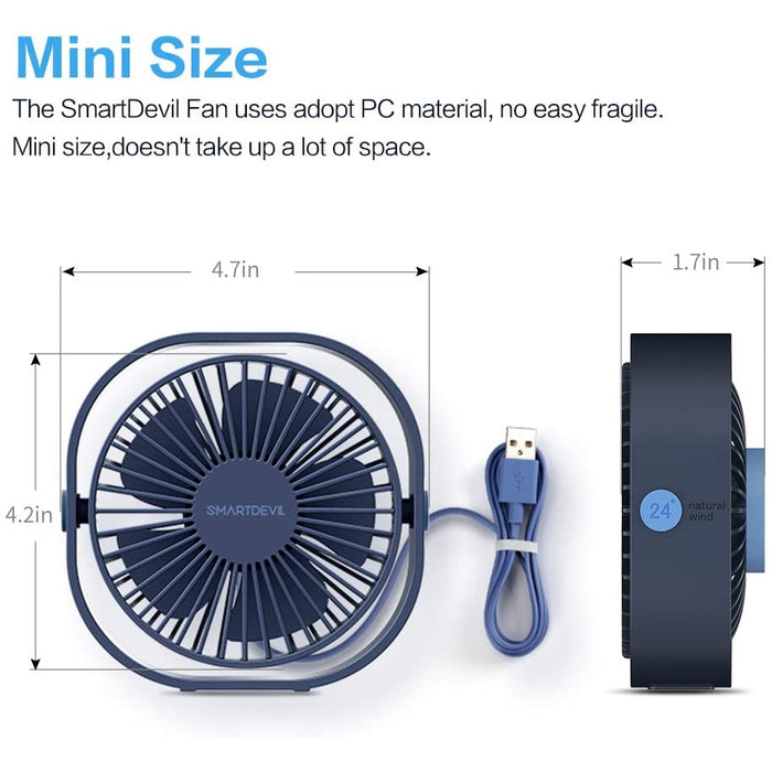 SmartDevil Ventilateur USB,Mini Ventilateur,Ventilateur Silencieux,Portable Ventilateur USB Silencieux 3 Vitesse Réglable USB,USB Ventilateur pour Camping,Bureau,Sport,Voyage,Alimenté par USB(Bleu)