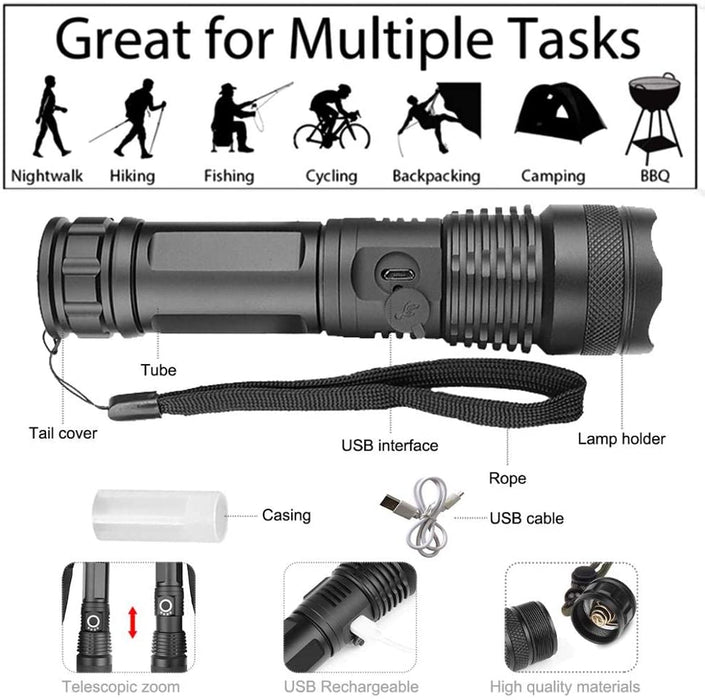 Lampe torche LED 2000lm blanc froid 6000K, rechargeable