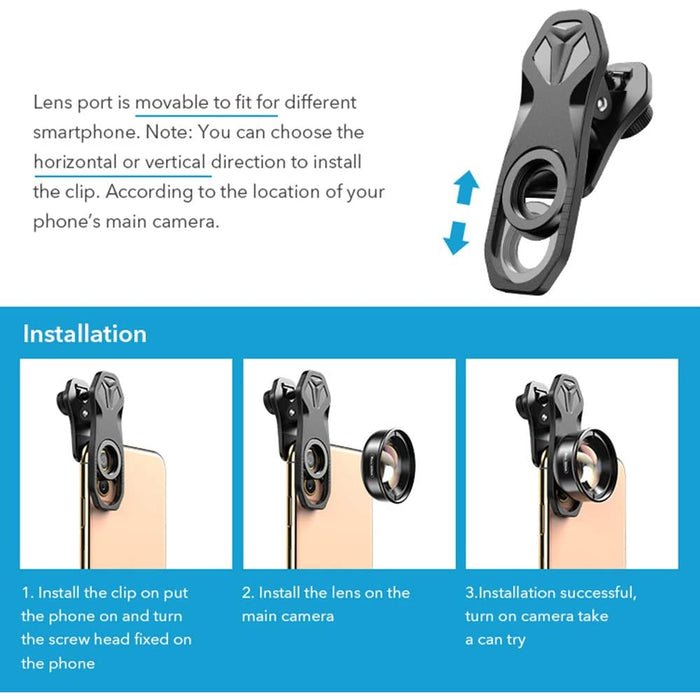 APEXEL APL-HB100mm Objectif Macro Universel pour Smartphone 4K HD Objectif de caméra pour téléphone sans Distorsion Arrière-Plan Flou Compatible avec iPhone 11 / XS/XS Max/XR/X / 8/8 Plus