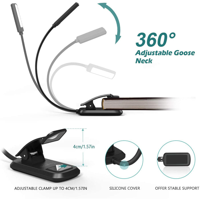 Lampe de Lecture Rechargeable, OMERIL Liseuse Lampe 6 LED (Blanc Froid/Jaune Chaud) 3 Mode Luminosité Cou Flexible 360° pour Livre au Lit, Lampe Clip pour eReaders/Nuit/Voyage Câble USB Inclus