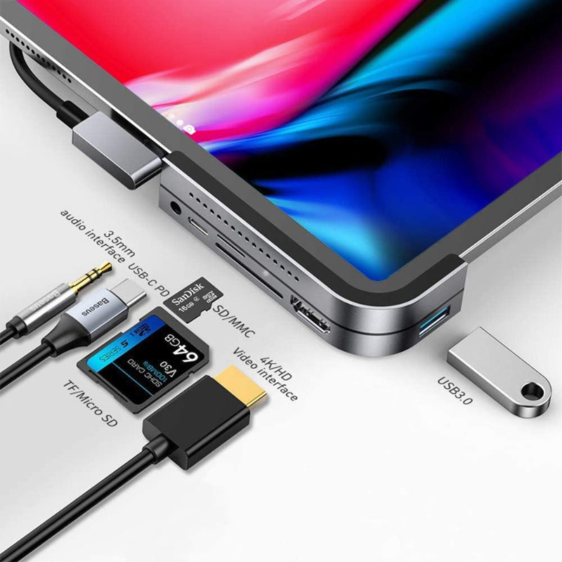 Hub USB C pour iPad Pro 2018 2019 2020, Baseus 6 en 1 Adaptateur HDMI 4K, PD 100W Charging, USB 3.0, Lecteur de Carte SD/TF, Port jack en 3.5mm, Compatible avec Macbook Pro / iPad Pro - Gris