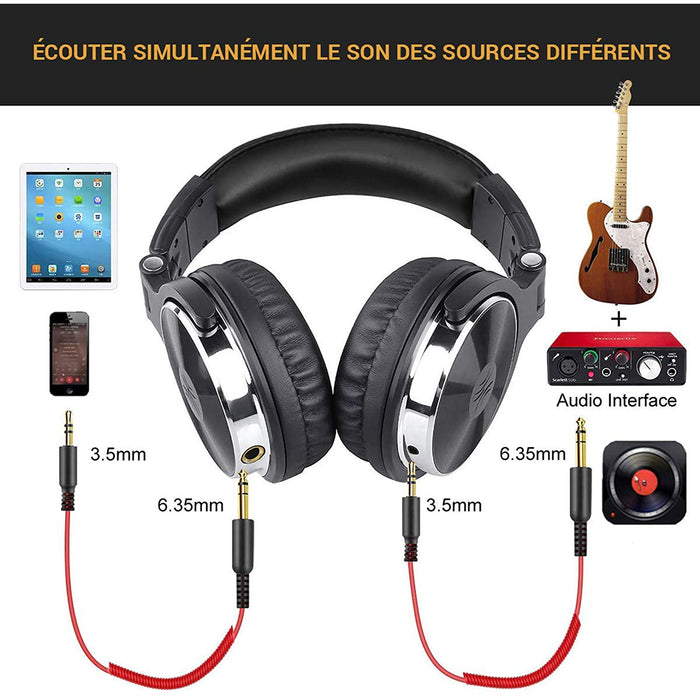 Casque DJ, OneOdio Pro10 Casque Audio Studio Professionnel, Casque Filaire, Casque de Monitoring, Son Parfait pour Synthétiseur PC TV Tablette Smartphone (Noir)