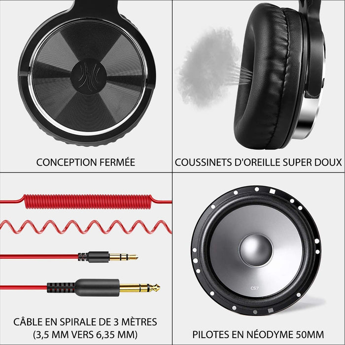Casque DJ, OneOdio Pro10 Casque Audio Studio Professionnel, Casque Filaire, Casque de Monitoring, Son Parfait pour Synthétiseur PC TV Tablette Smartphone (Noir)