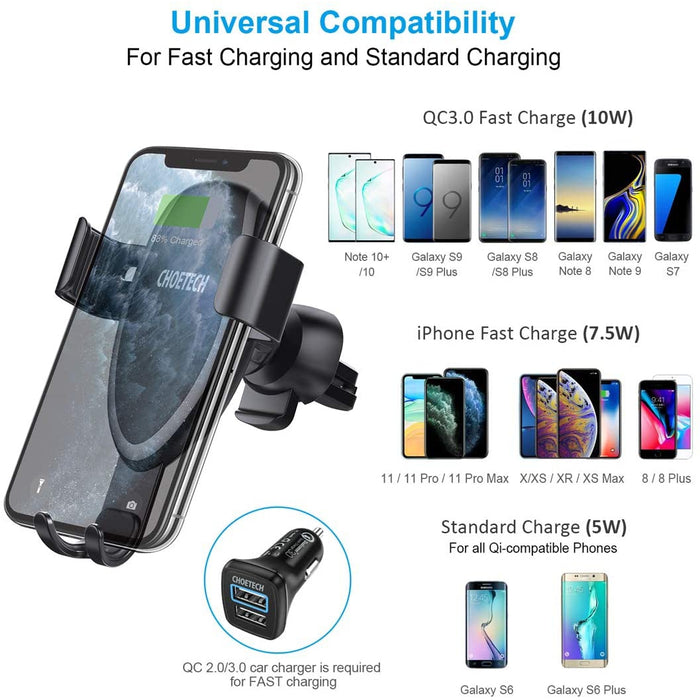 CHOETECH Chargeur sans Fil Rapide Voiture,10W/7.5W Chargeur Induction pour iPhone 11 Pro Max/11 Pro/11/XS/XS Max/XR/X/8/8+,S20 S10+ Note 10 S9 S9+ S8 S8+ Note 9 8,Huawei Mate 30 Pro et 5W LG V30+