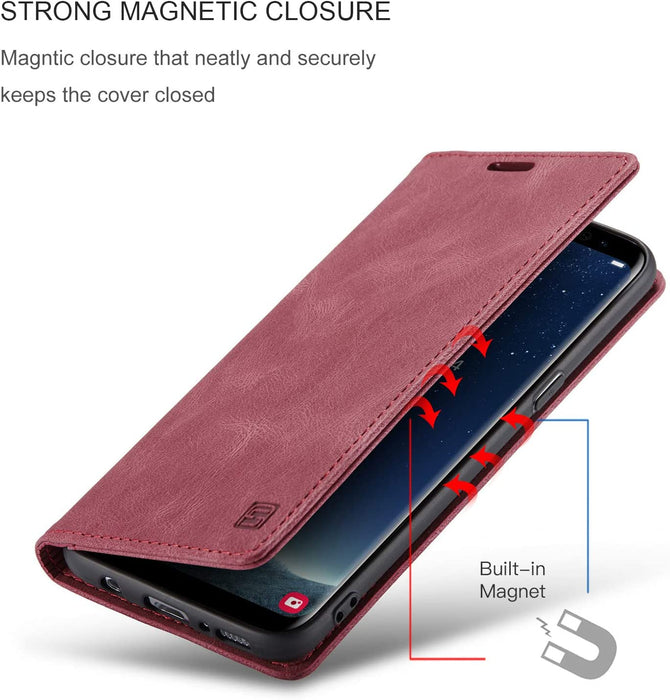 Autspace - Etui Samsung en cuir, magnétique Bordeaux Rouge