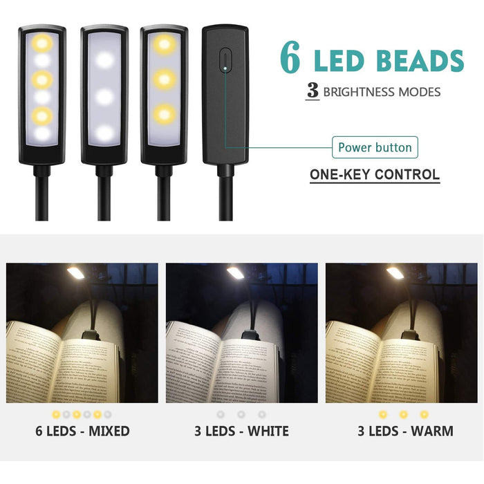 Lampe de Lecture Rechargeable, OMERIL Liseuse Lampe 6 LED (Blanc Froid/Jaune Chaud) 3 Mode Luminosité Cou Flexible 360° pour Livre au Lit, Lampe Clip pour eReaders/Nuit/Voyage Câble USB Inclus