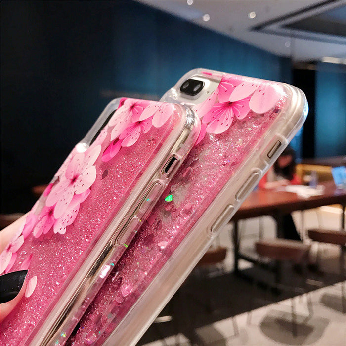 Coque iPhone fleurs et paillettes roses