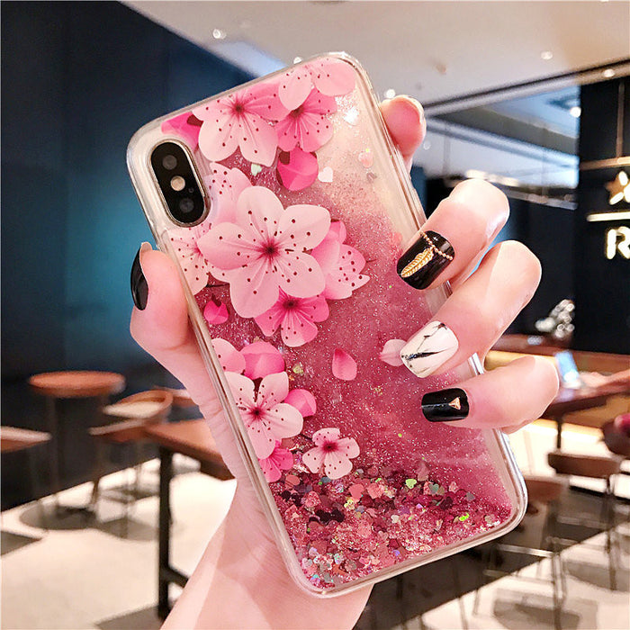 Coque iPhone fleurs et paillettes roses