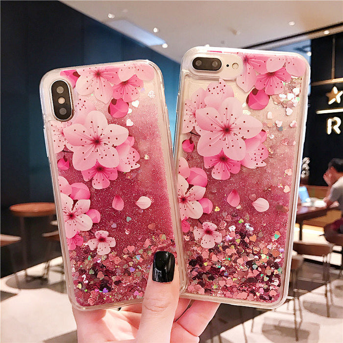 Coque iPhone fleurs et paillettes roses