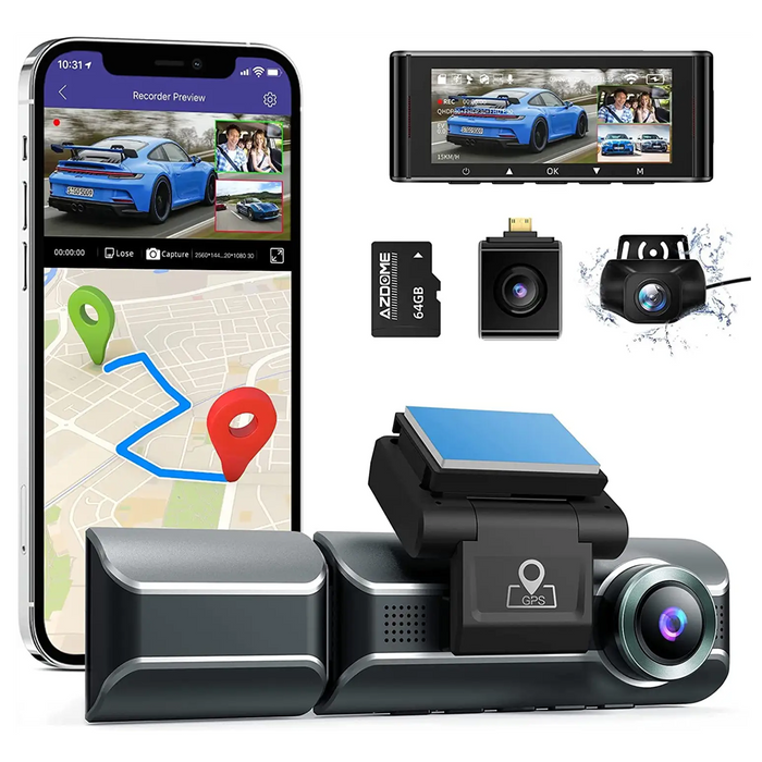 Azdome - Caméra embarquée triple (avant + arrière + habitacle), résolution Ultra HD, GPS, mode parking